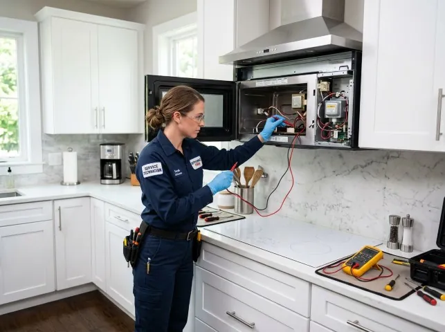 Appliance Repair Hero technician testing an over-the-range microwave in a Boone, NC kitchen